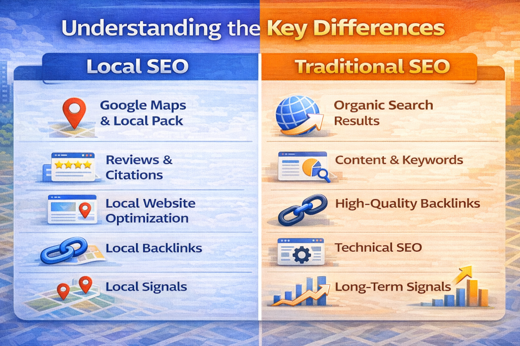 Difference between local and traditional SEO Local search optimization Traditional SEO strategy Google Maps ranking Organic SEO benefits
