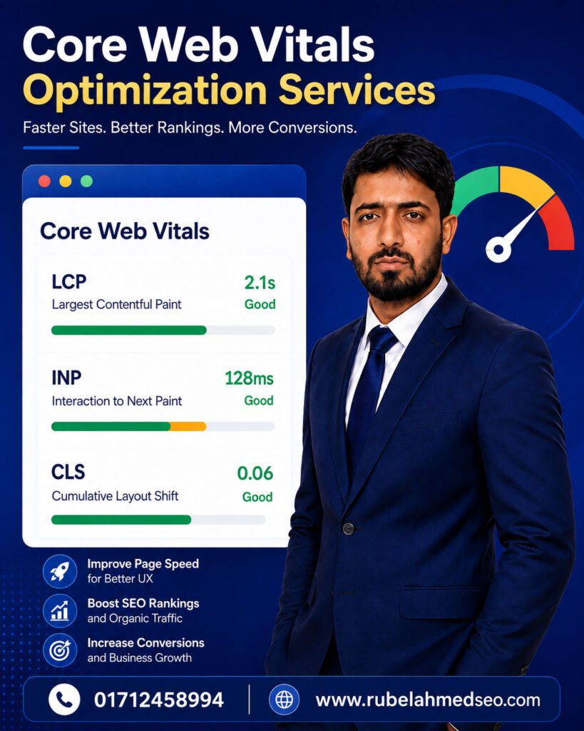 #CoreWebVitals #CoreWebVitalsOptimization #WebsiteSpeedOptimization #PageSpeedOptimization #WebsitePerformance #TechnicalSEO #LCP #INP #CLS #MobilePerformance #SiteSpeed #PageExperience #GooglePageSpeed #SpeedOptimization #WebPerformance #WordPressSpeedOptimization #ShopifySpeedOptimization #WooCommerceOptimization #SEOExpert #SEOServices #SearchVisibility #UserExperience #PerformanceOptimization #RubelAhmedSEO