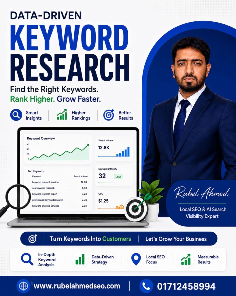 #KeywordResearch #KeywordResearchServices #SEOKeywordResearch #KeywordStrategy #SearchIntent #SearchIntentAnalysis #LongTailKeywords #KeywordClustering #KeywordMapping #CompetitorKeywordResearch #KeywordGapAnalysis #SERPAnalysis #ContentGapAnalysis #CommercialKeywords #TransactionalKeywords #InformationalKeywords #EcommerceKeywordResearch #LocalKeywordResearch #SEOContentStrategy #OnPageSEO #TechnicalSEO #OrganicTraffic #SearchVisibility #SEOExpert #SEOConsultant #AEO #AISEO #AISearchVisibility #DigitalMarketing #RubelAhmedSEO
